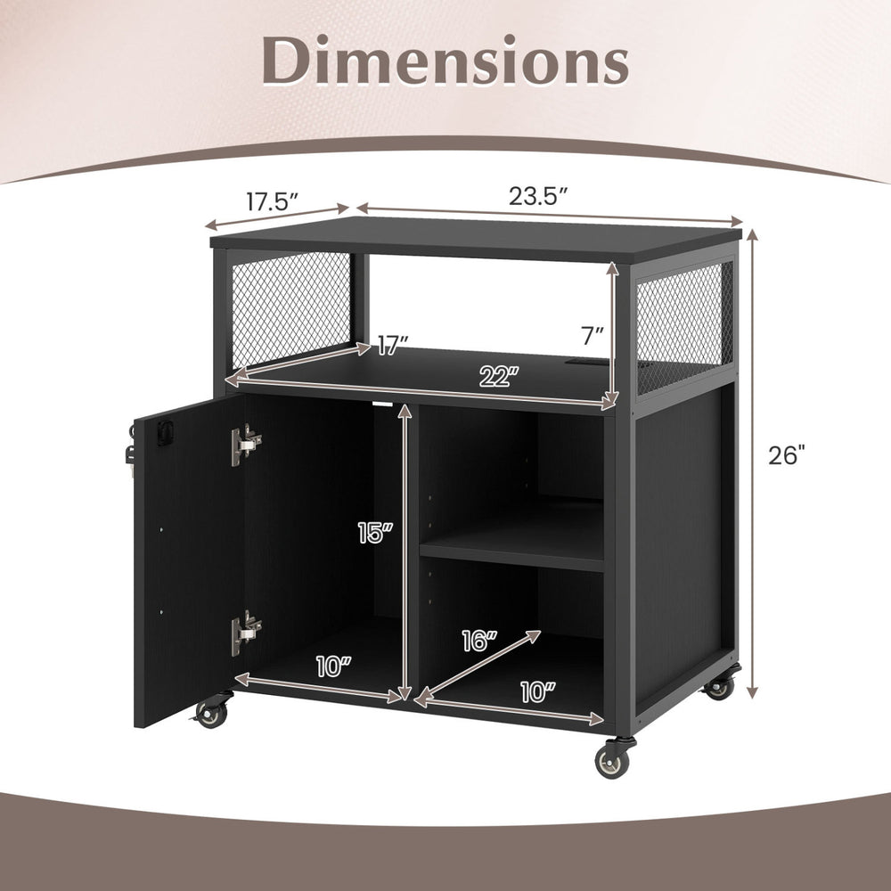 Dimensions of the black file cabinet on wheels with charging station, featuring compartments and a lockable side.
