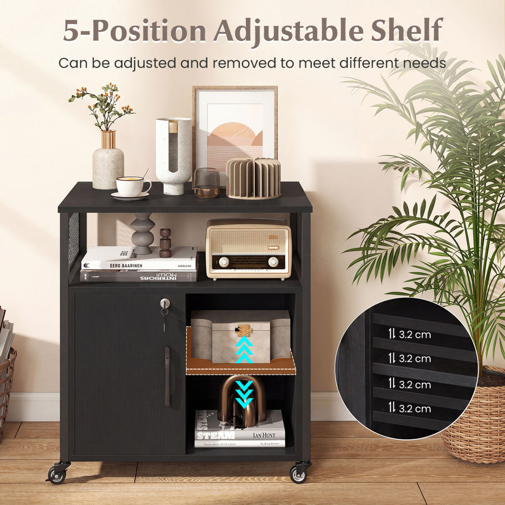 File cabinet on wheels in black featuring a 5-position adjustable shelf and built-in charging station for versatile.