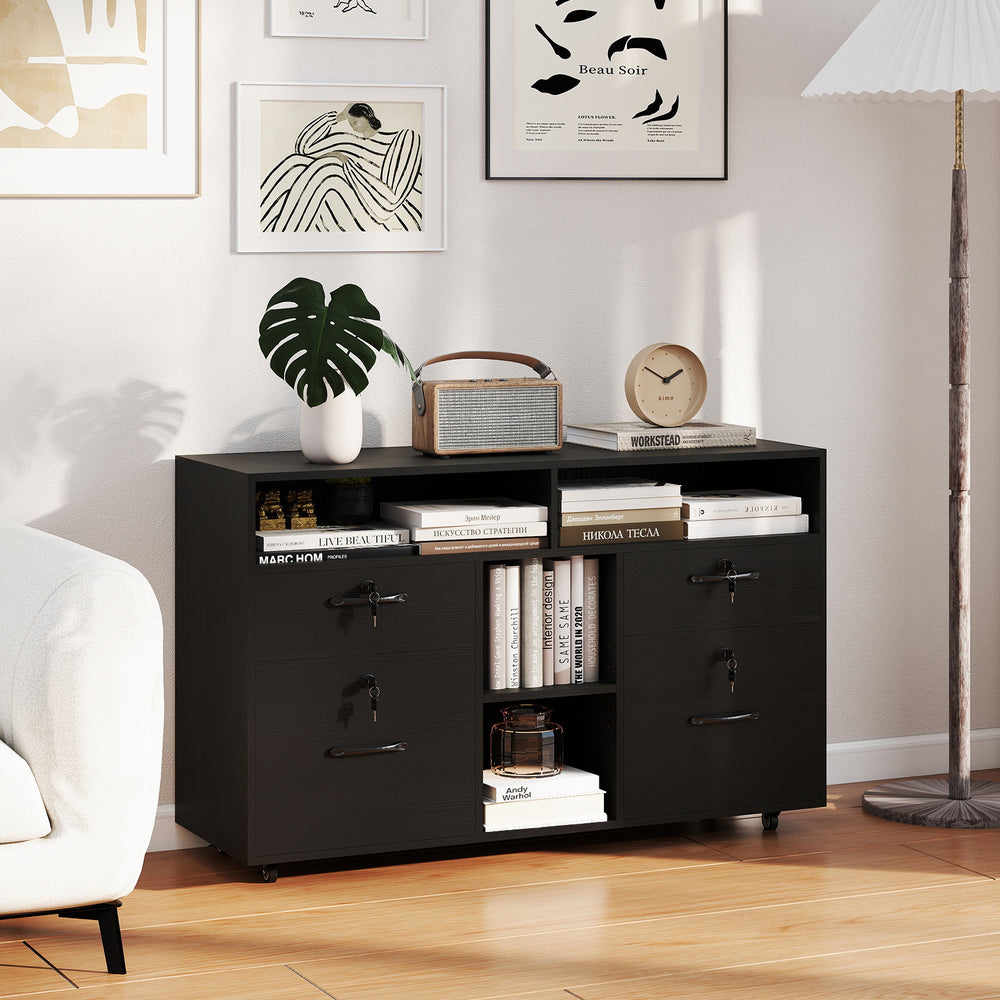 Black file cabinet with lock featuring two drawers, adjustable shelves, and rolling casters for versatile storage.