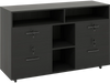 Mobile lateral filing cabinet in black with lockable drawers, adjustable shelves, and rolling casters for easy mobility.