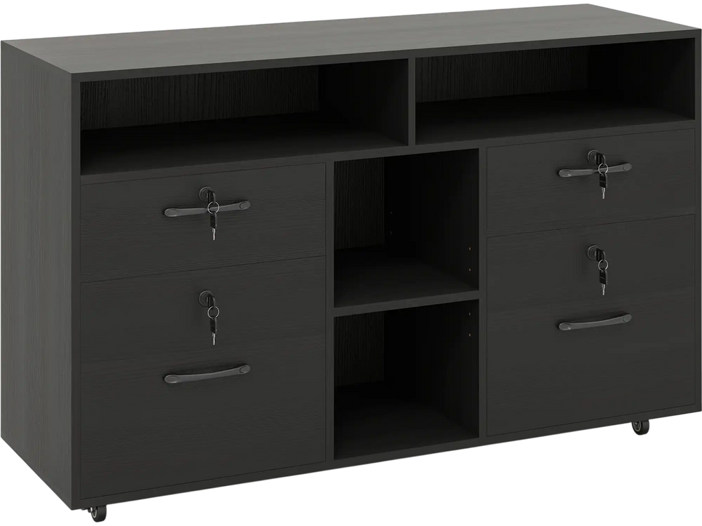 Mobile lateral filing cabinet in black with lockable drawers, adjustable shelves, and rolling casters for easy mobility.