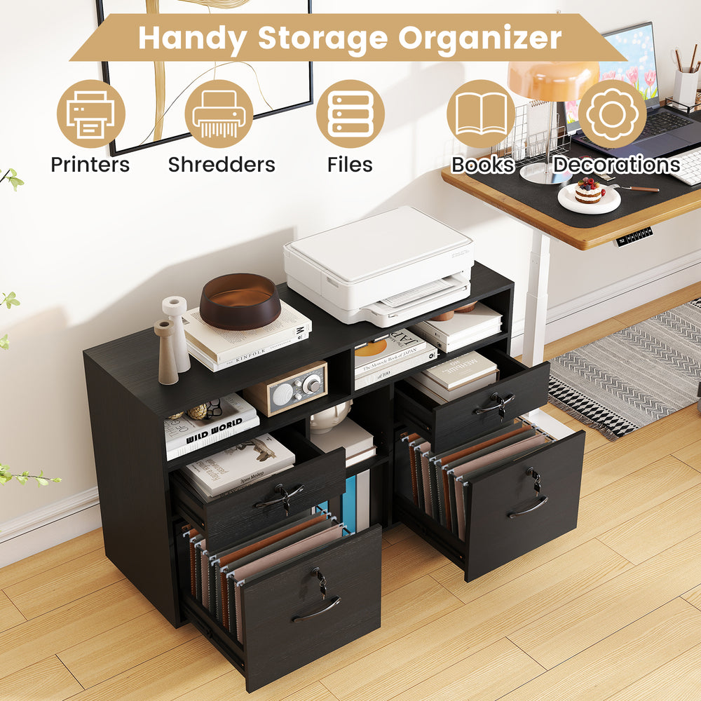 Black file cabinet with lock, featuring two drawers and adjustable shelves for organized storage of files and printers.