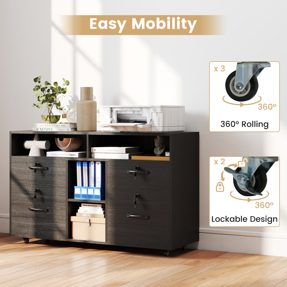 Mobile black file cabinet with lockable drawers, adjustable shelves, and 360° rolling casters for easy mobility.