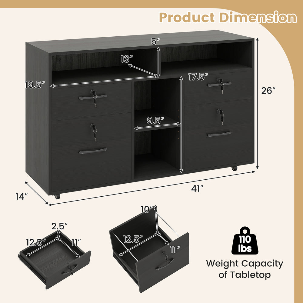 Dimensions of the black mobile file cabinet with lock, showcasing full-extension drawers and adjustable shelves for.
