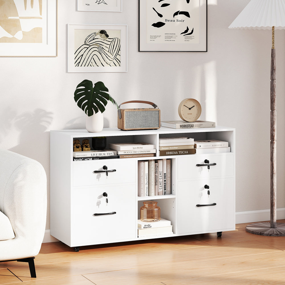 File Cabinet with Lock Mobile Lateral Filing Storage Organizer Modern Rolling Printer Stand-White - Gallery View 1 of 10
