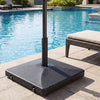 Heavy-duty black fillable umbrella base with wheels, designed for stability and easy repositioning by the poolside.