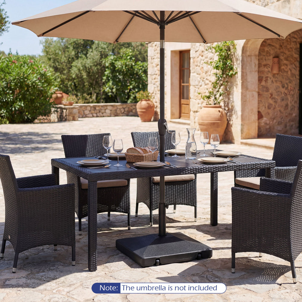 Heavy-duty black fillable umbrella base with wheels, designed for stability with patio tables, fits 1.5"-1.9" poles.