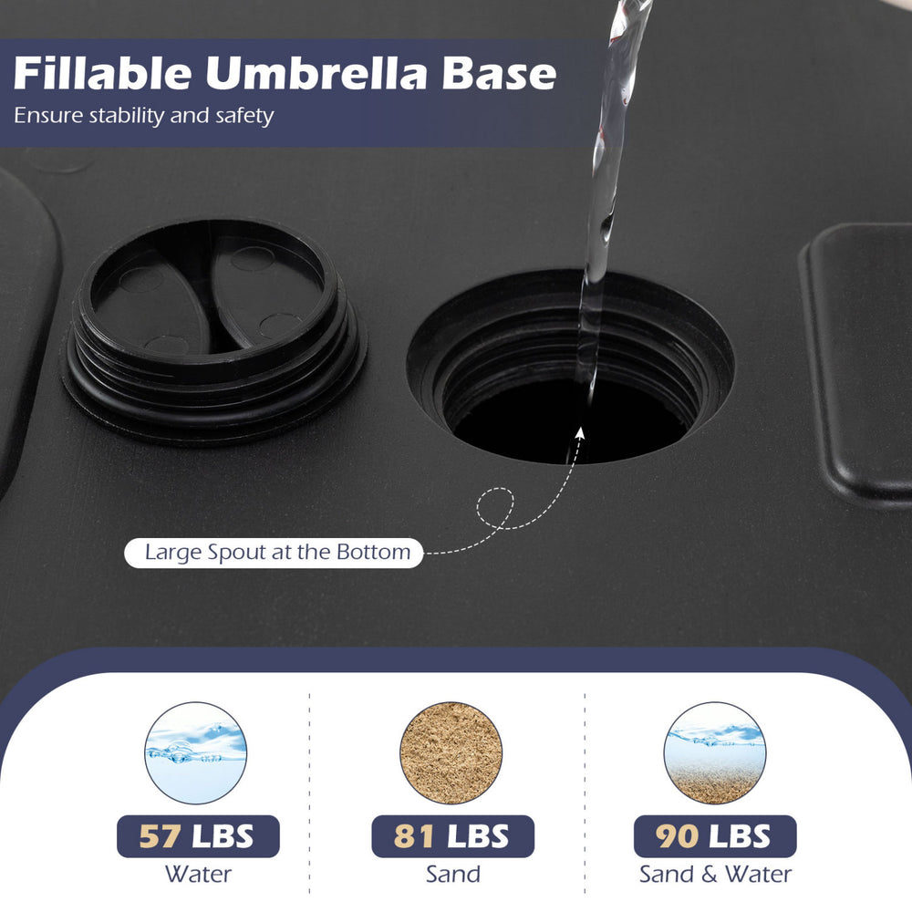 Fillable umbrella base with large spout, holds 90 lbs with sand or water, features wheels for easy repositioning.