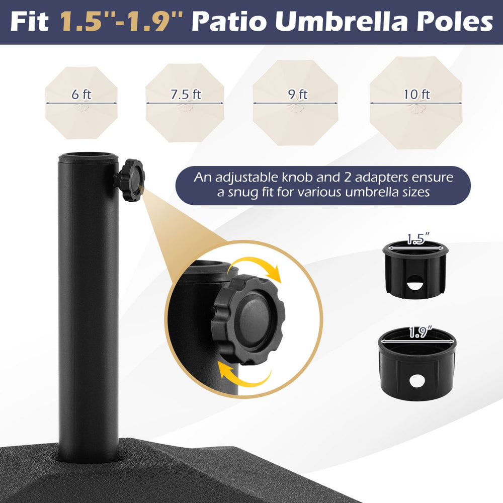 Adjustable fillable umbrella base with dual adapters, designed for 1.5"-1.9" poles, featuring wheels for easy movement.