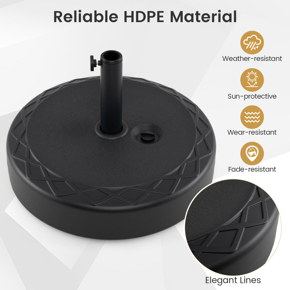 Heavy-duty 90 lbs fillable umbrella base in black, crafted from fade-resistant HDPE for stability and safety.