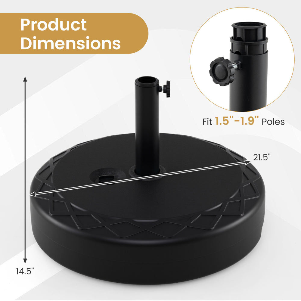 Fillable umbrella base with a 90 lbs capacity, designed for 1.2"-2" poles, featuring a durable black HDPE construction.