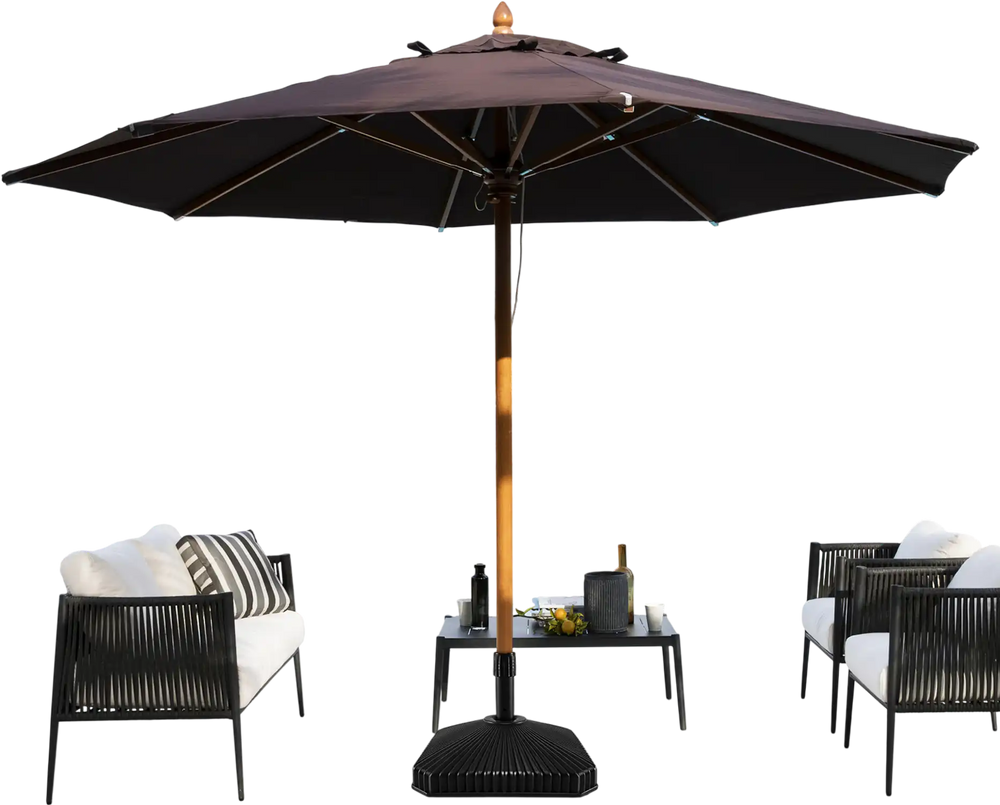 Fillable umbrella base in black with shell texture, designed for 6-10 ft patio umbrellas, ensuring stability by the.