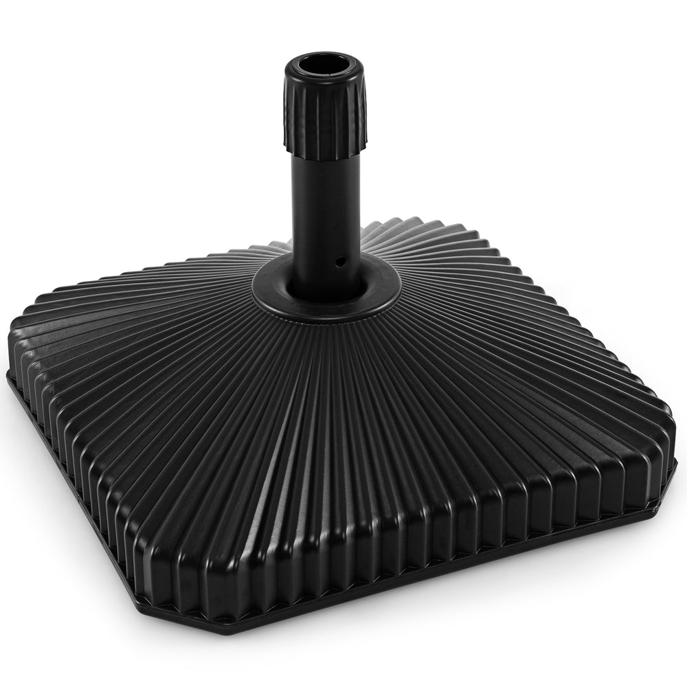 Fillable black umbrella base with shell texture, designed for 6-10 ft patio umbrellas, featuring a non-slip bottom.