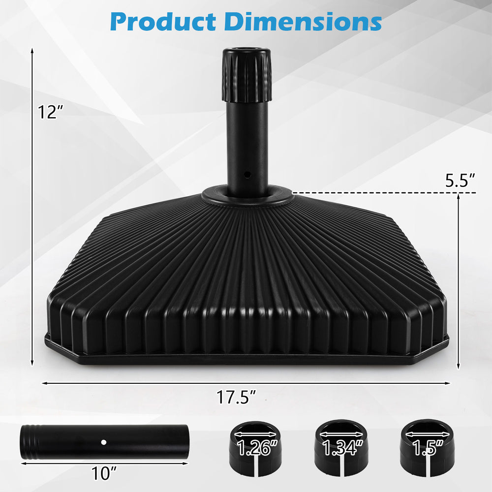 Fillable umbrella base in black with shell texture, featuring 3 coupler sizes for 6-10 ft patio umbrellas.