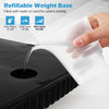 Refillable umbrella base in black, showing water being added for stability, fits 6-10 ft patio umbrellas.