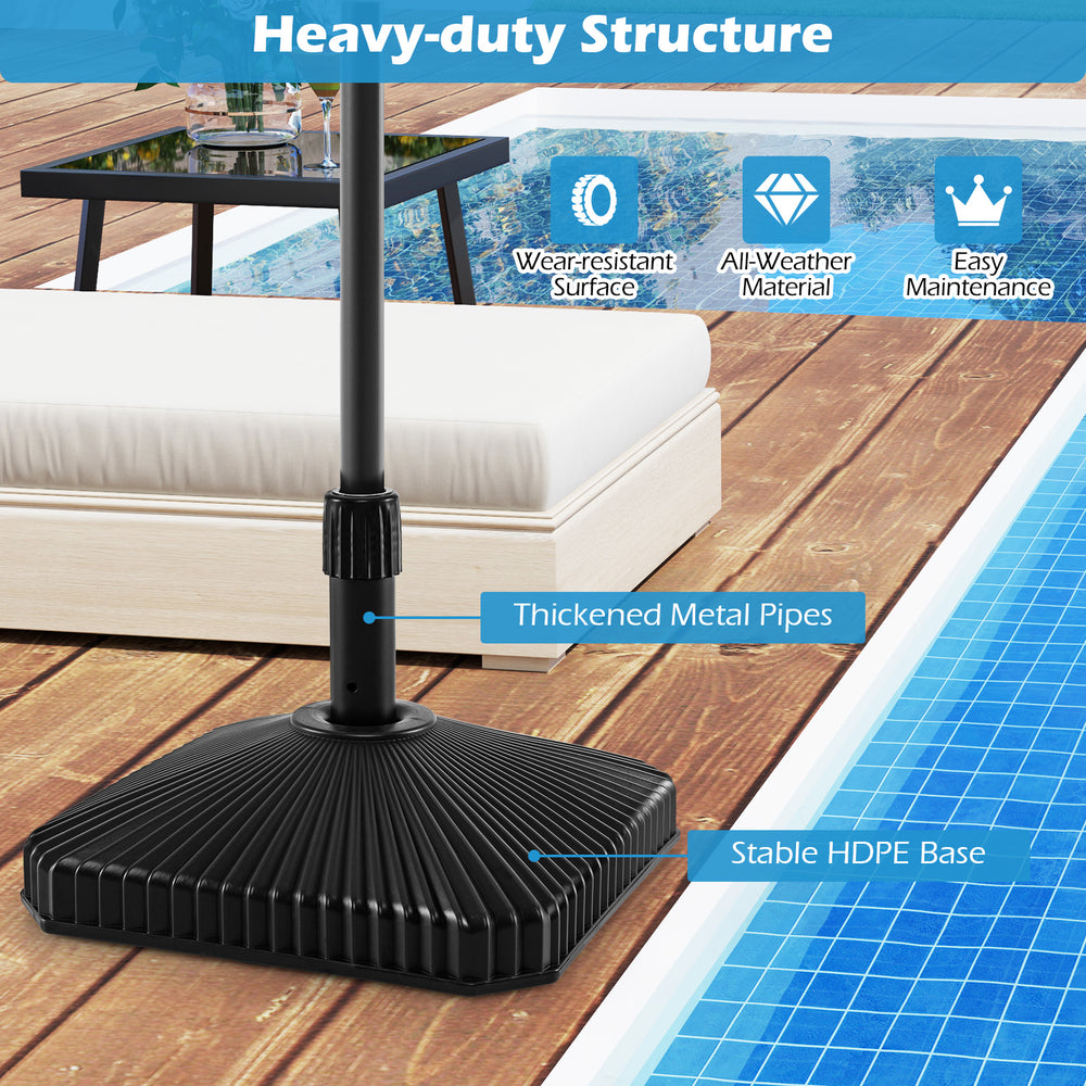 Fillable umbrella base in black with shell texture, made of HDPE, designed for 6-10 ft patio umbrellas for stability.