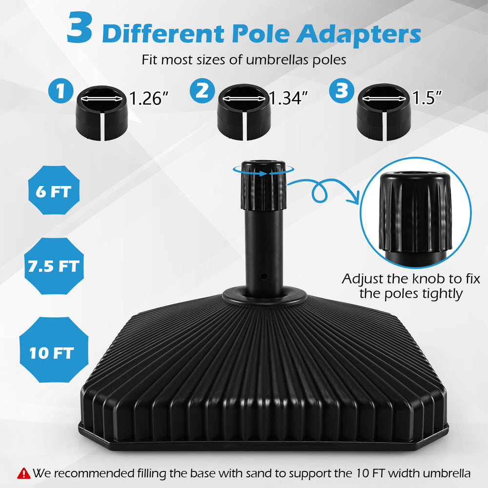 Fillable umbrella base in black with shell texture, featuring three coupler sizes for 6-10 ft patio umbrellas.