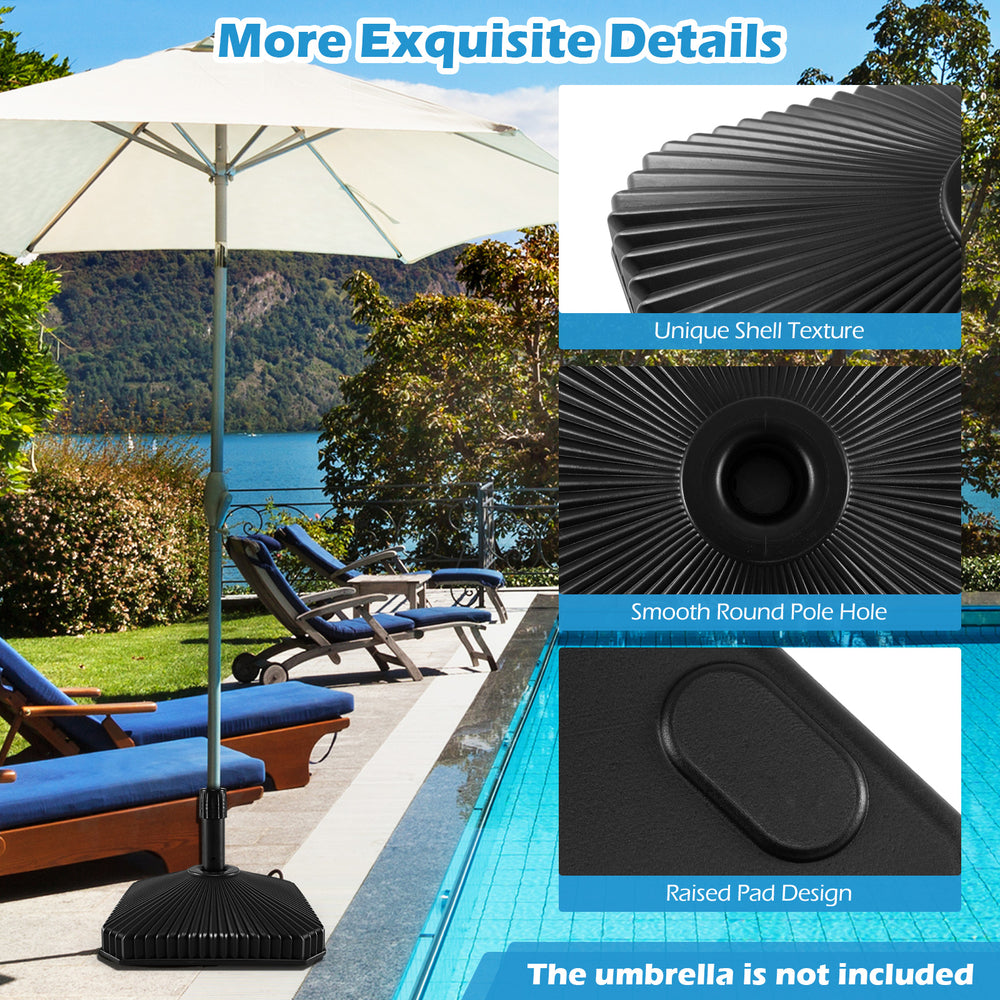 Close-up of the fillable umbrella base showcasing its unique shell texture and smooth pole hole for easy installation.