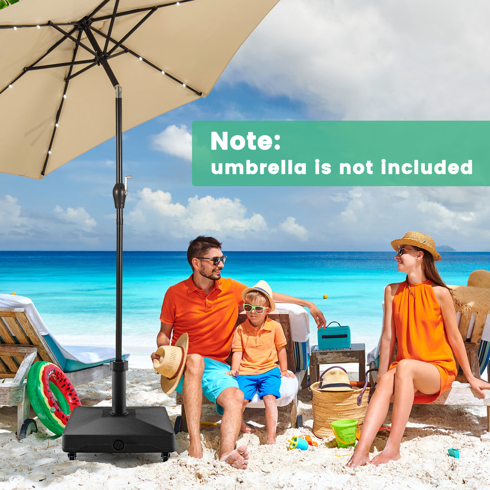 Fillable umbrella base stand with lockable wheels, designed for easy movement and stability, suitable for outdoor use.