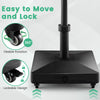 Fillable umbrella base stand with lockable wheels, designed for easy movement and stability, suitable for patio use.