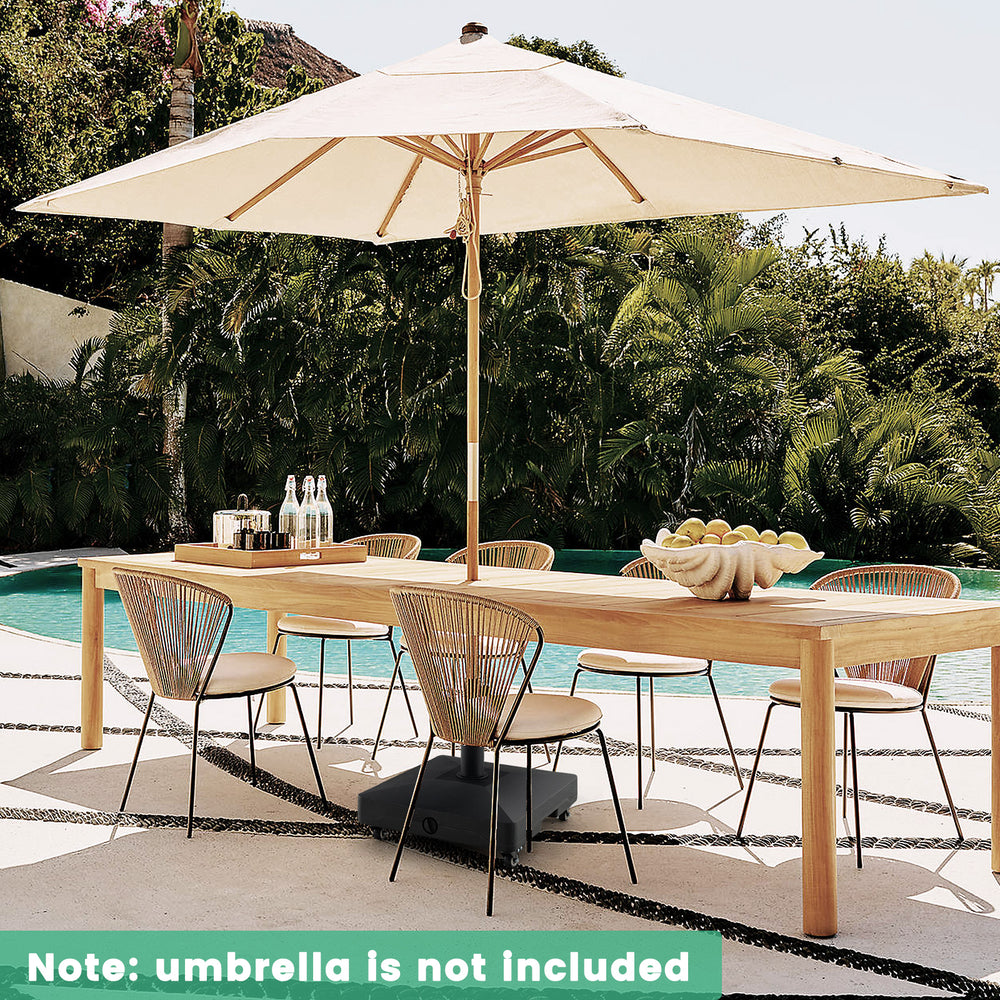 Fillable umbrella base stand with lockable wheels, designed for stability and easy movement, suitable for patio use.