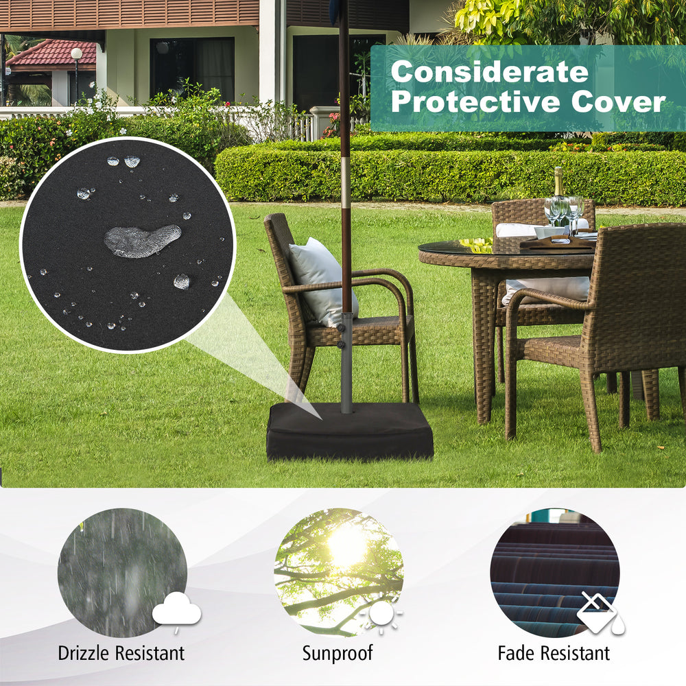 Fillable umbrella base with dust-proof cover and sandbags, designed for stability and protection against weather.