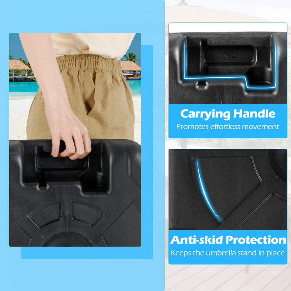 Close-up of the 17-inch heavy-duty umbrella base showing the carrying handle and anti-skid protection for stability.
