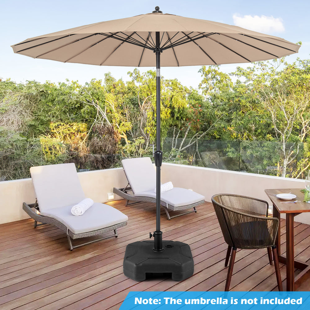 Heavy-duty 17-inch umbrella base with a refillable reservoir, designed for stability and easy movement on patios.