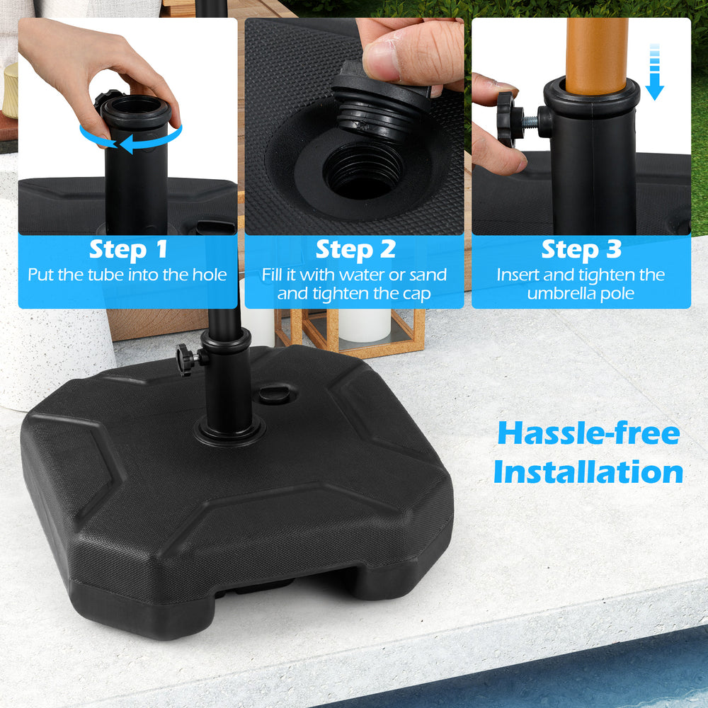 17-inch heavy-duty fillable umbrella base with handle, designed for secure fit and easy installation for outdoor use.