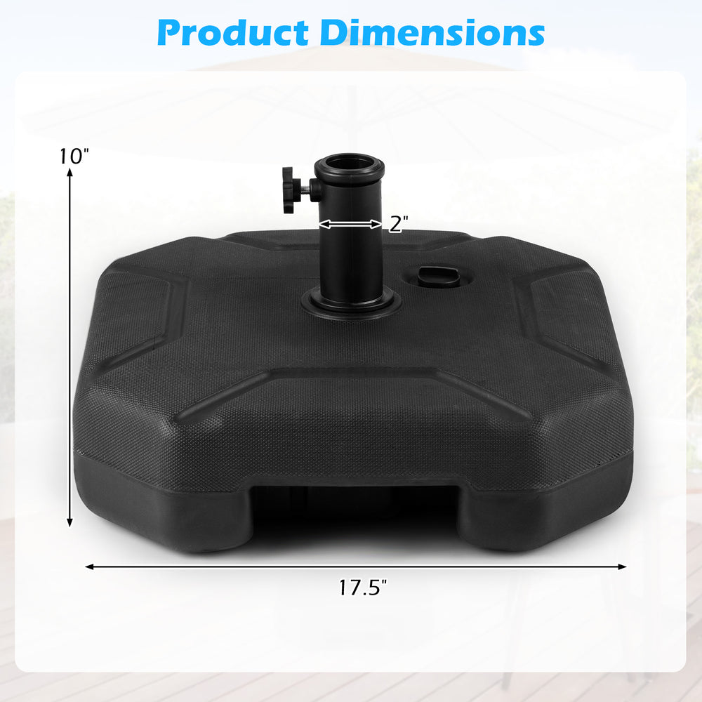 Heavy-duty 17-inch umbrella base with dimensions 10"x17.5", designed for stability and easy movement for outdoor use.