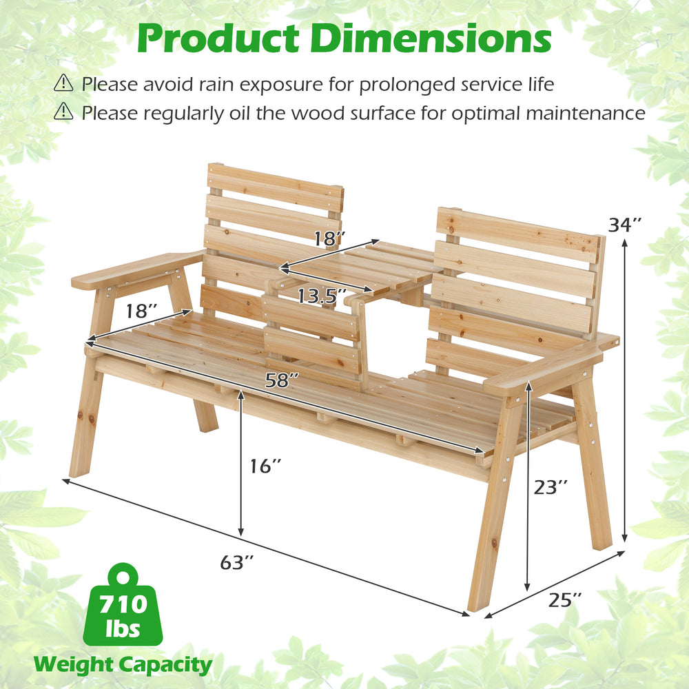 Outdoor fir wood bench with foldable middle table, 58" x 18" seating, ideal for patio and garden use.