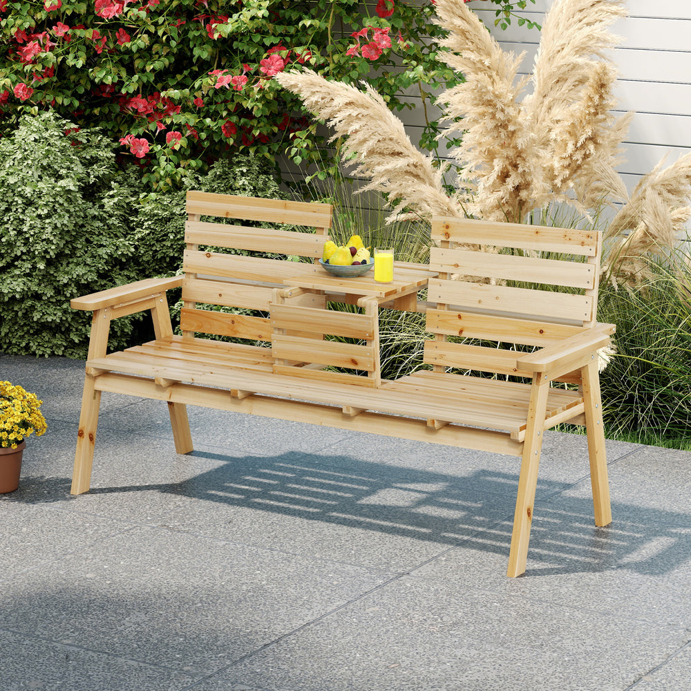 Outdoor fir wood bench with a foldable middle table, perfect for patio seating and accommodating 2-3 people comfortably.