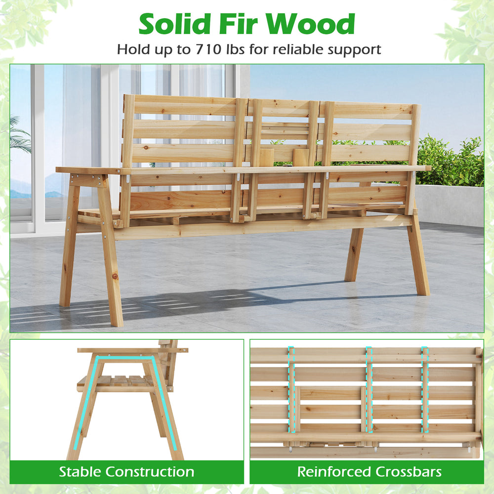 Outdoor fir wood bench with foldable middle table, stable construction, and rustic finish, perfect for patio or garden.
