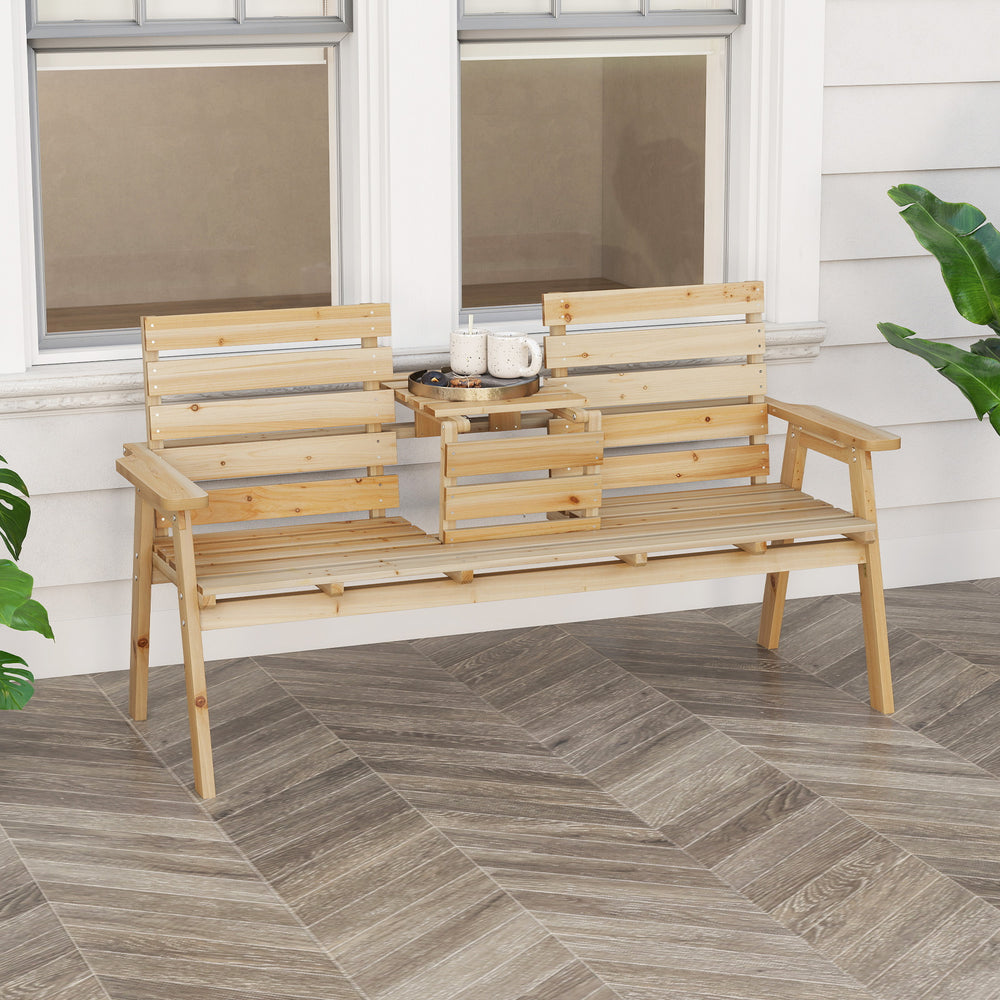 Outdoor fir wood bench with foldable middle table, showcasing natural finish and sturdy design, perfect for garden.