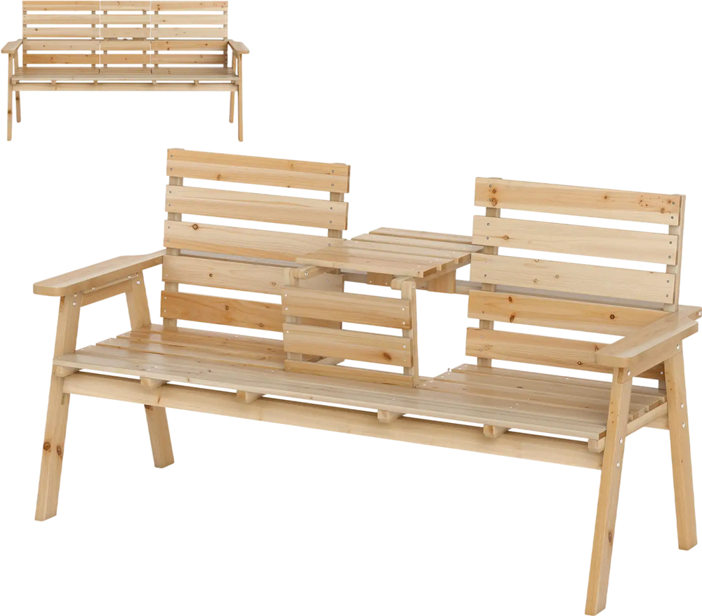 Outdoor fir wood bench with foldable middle table, natural finish, ideal for patio or garden seating for 2-3 people.