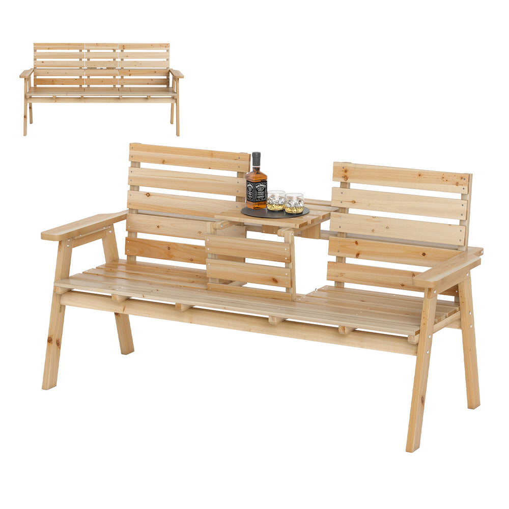 Outdoor fir wood bench with foldable middle table, natural finish, perfect for patio or garden seating for 2-3 people.