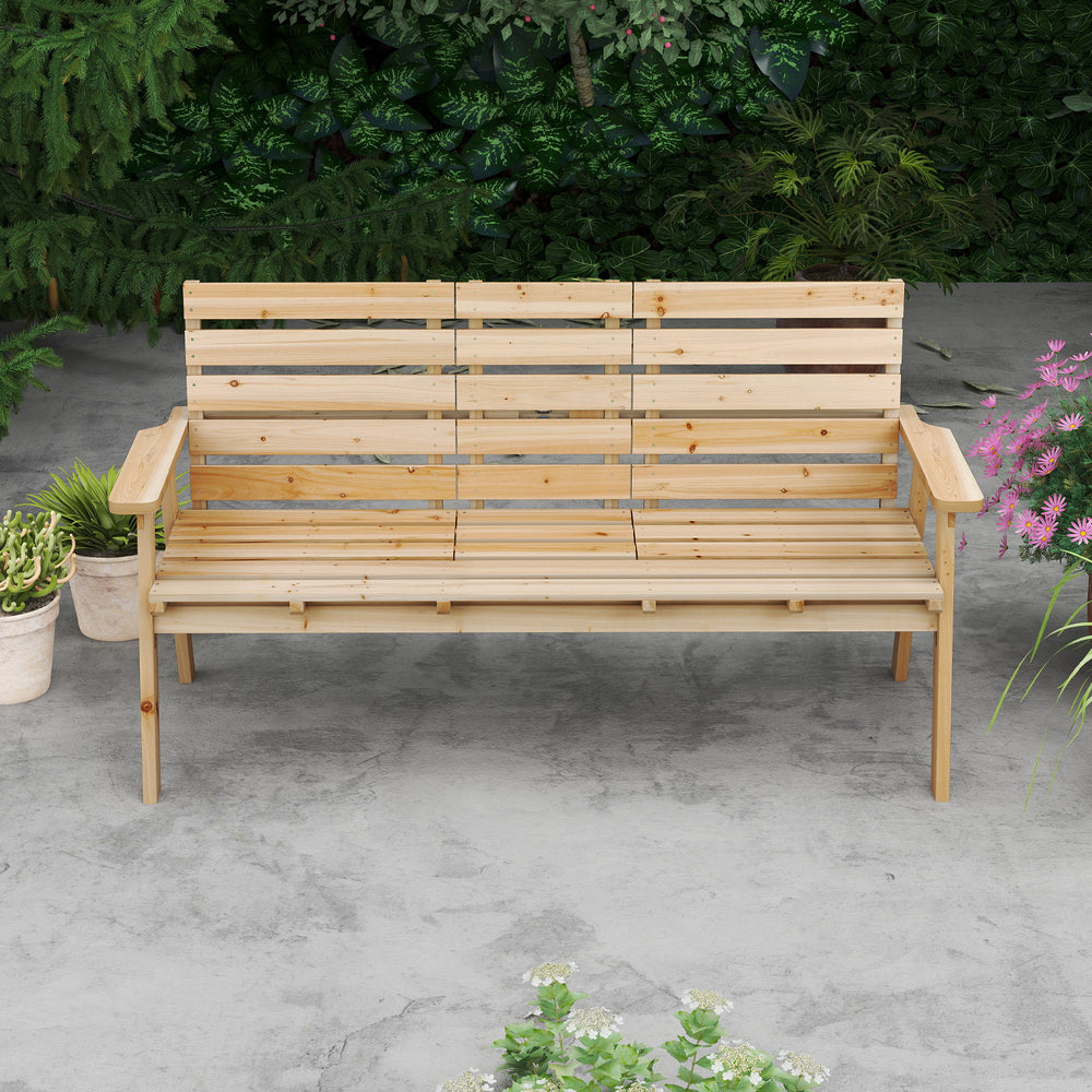 Natural fir wood bench with foldable middle table, ideal for patio seating, featuring wide armrests and slatted surface.