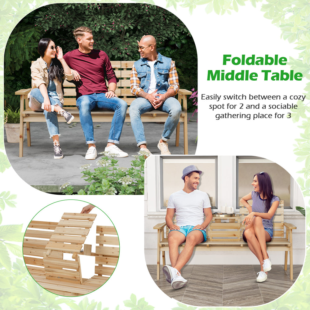 Outdoor fir wood bench with foldable middle table, perfect for 2-3 people, ideal for patio and garden gatherings.