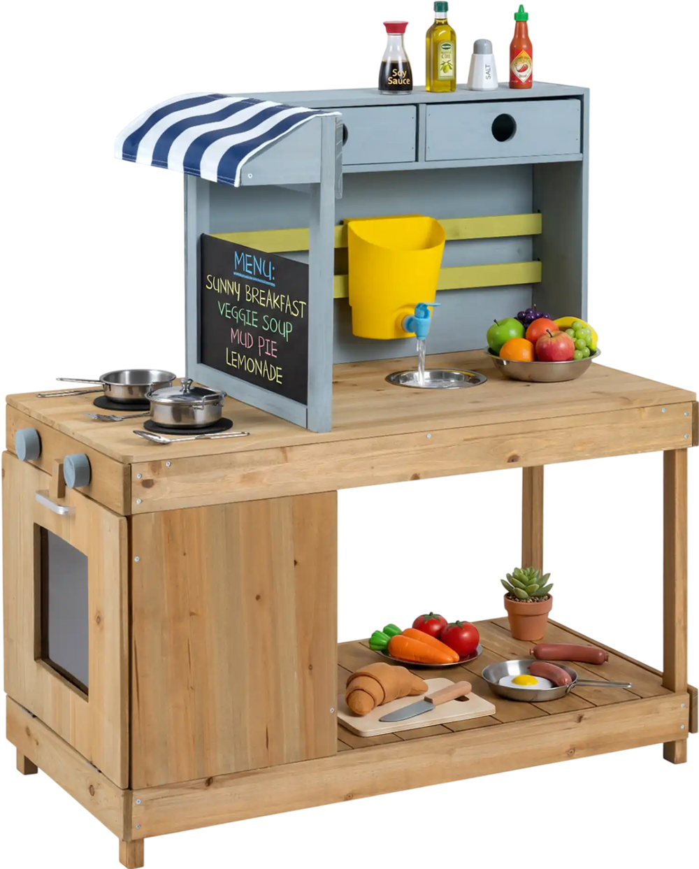 Kids kitchen playset made of fir wood with a canopy, faucet, and cookware for outdoor imaginative play and creativity.