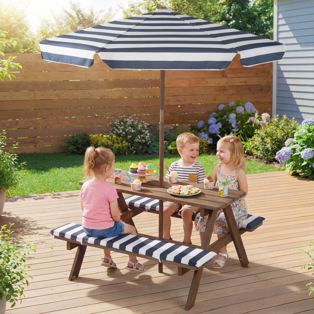Fir Wood Kids Picnic Table with 2 Built-in Benches and Umbrella-Navy - Gallery View 1 of 10