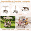 Kids picnic table with 2 benches and removable umbrella, made of fir wood, perfect for outdoor or indoor activities.