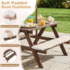 Kids picnic table with 2 benches, padded seat cushions, and detachable umbrella for outdoor fun and comfort.