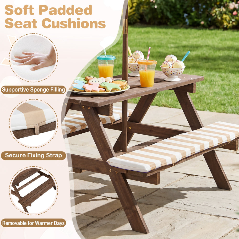 Kids picnic table with 2 benches, padded seat cushions, and detachable umbrella for outdoor fun and comfort.