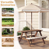 Kids picnic table with umbrella and two benches, made of fir wood, ideal for outdoor and indoor activities.