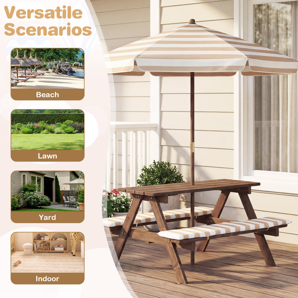 Kids picnic table with umbrella and two benches, made of fir wood, ideal for outdoor and indoor activities.