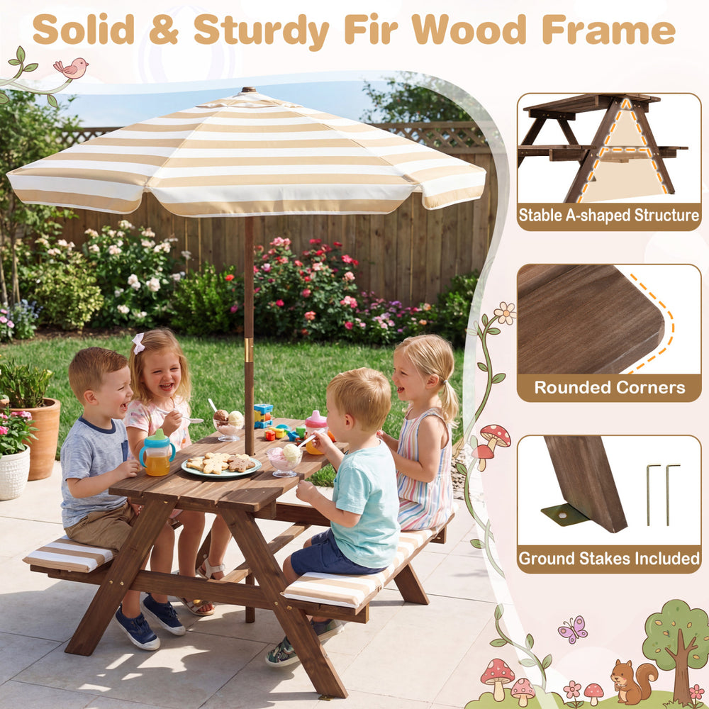 Kids picnic table with 2 benches and a foldable umbrella, made of fir wood, perfect for outdoor snacks and activities.
