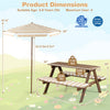 Kids picnic table with 2 benches and foldable umbrella, made of fir wood, suitable for outdoor snacks and activities.