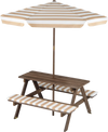 Kids picnic table with 2 benches and a foldable umbrella in coffee color, perfect for outdoor snacks and activities.