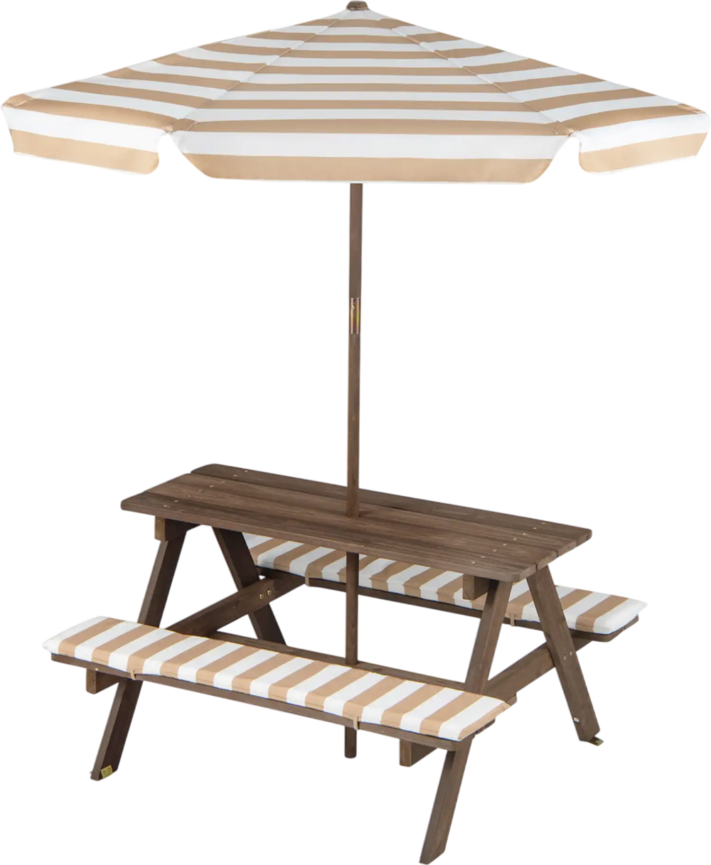 Kids picnic table with 2 benches and a foldable umbrella in coffee color, perfect for outdoor snacks and activities.