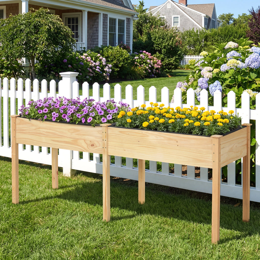 Fir Wood Outdoor Raised Garden Bed with Divider Panel and Drainage Holes-Natural - Gallery View 1 of 10